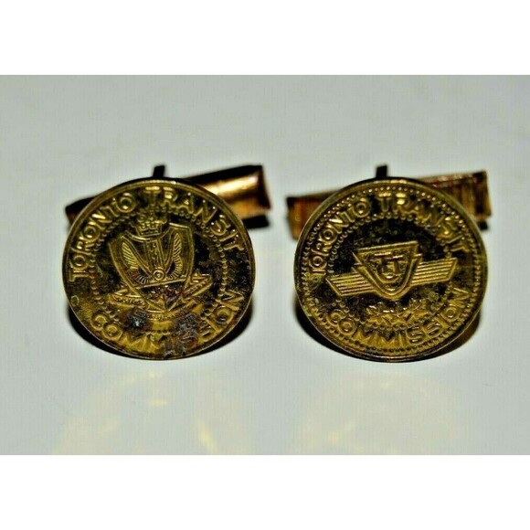 Aged Vintage TORONTO TRANSIT Round Brass Cuff Links Rare Canada - Picture 1 of 5